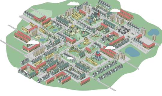 De illustratie van de omgevingen van de aftercare infographic. Het is een enorme illustratie van een fictieve stad waarin elementen terug komen waar de aftercare voor terroristen wordt georganiseerd. Gemaakt in opdracht van het Asser instituut voor het Global Counter Terrorism Forum. Gemaakt door studio relaas. De technieken die gebruikt zijn: Animatie, illustratie en programmeren