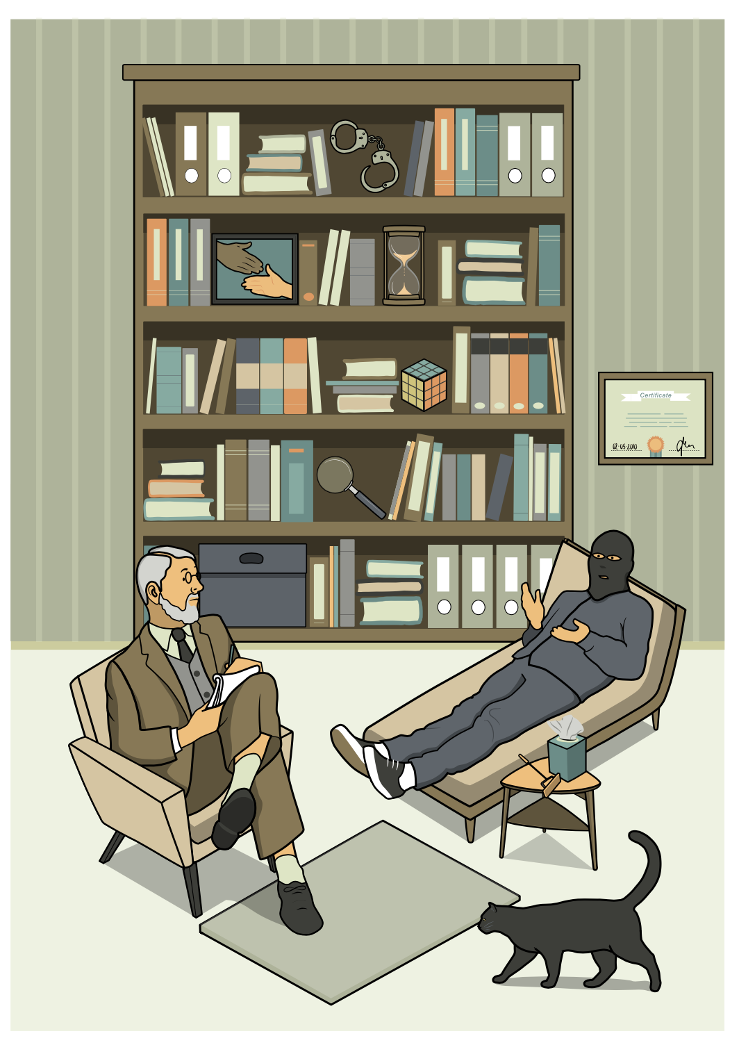 Illustratie van de interactieve infographic waar een psycholoog met een terrorist in de spreekkamer zit. Gemaakt door studio relaas. De technieken die gebruikt zijn: Animatie, illustratie en programeren. zit. | Rotterdam