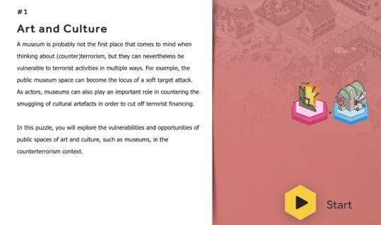 Hier zie je het beginscherm van de serious game, hier wordt met tekst context gegeven aan het spel dat je gaat spelen. De illustratie is komt uit de uitleg animatie die al eerder is gemaakt voor de GCTF. | Rotterdam