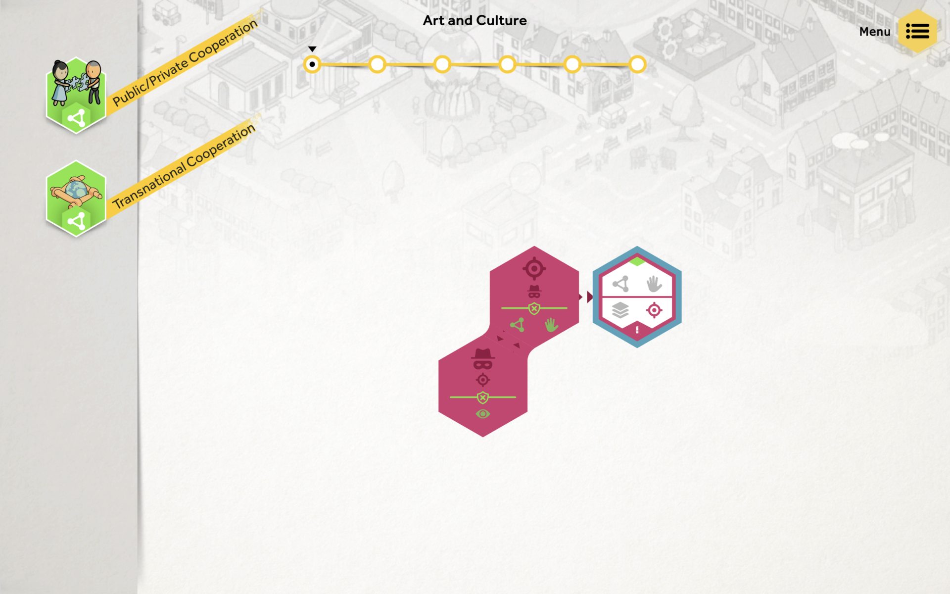 Hier zie je de omgeving van het spel. De tegels links die nog gespeeld moeten worden, en op het bord de gespeelde tegels. Met de beschrijving erbij. Dit was is een serious game gemaakt voor GCTF ter gelegenheid van hun 10 jarig bestaan. Er zitten kleine animaties in en er is gebruik gemaakt van de illustraties uit de bestaande uitleganimaties. | Rotterdam